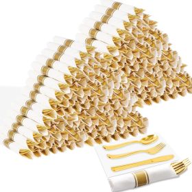 400Pcs Pre Rolled Gold Plastic Cutlery Set, 100 Pack Wrapped Plastic Silverware Set with Napkins, Spoons, Forks, Knives, Premium (Color: Gold)