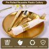 400Pcs Pre Rolled Gold Plastic Cutlery Set, 100 Pack Wrapped Plastic Silverware Set with Napkins, Spoons, Forks, Knives, Premium