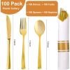 400Pcs Pre Rolled Gold Plastic Cutlery Set, 100 Pack Wrapped Plastic Silverware Set with Napkins, Spoons, Forks, Knives, Premium